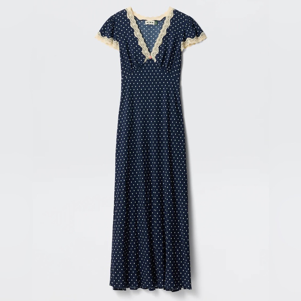 RIXO Clarice Navy Cream Polka Dots and Lace Dress size S